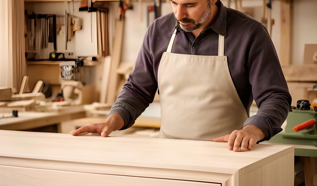 Artigiano che controlla la finitura di un mobile in legno chiaro all'interno di un laboratorio italiano