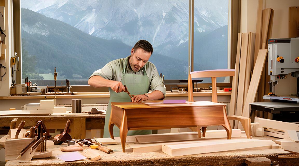 Laboratorio di Valente Mobili a Belluno con artigiano al lavoro su un mobile in legno vicino alle Dolomiti