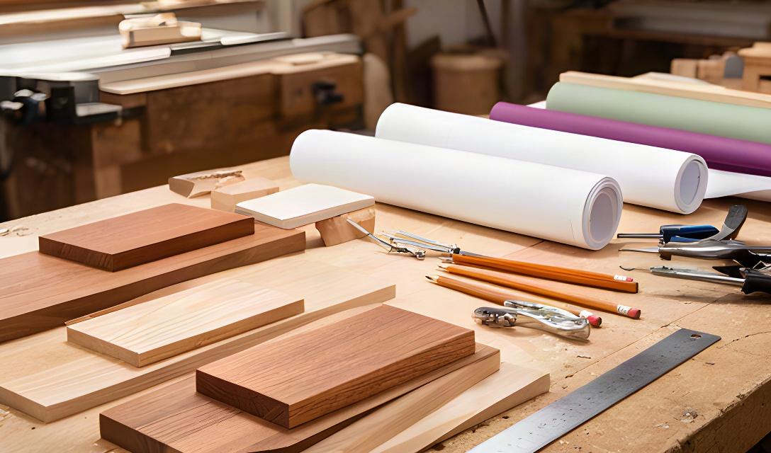 Campioni di legno, disegni tecnici e strumenti di lavoro su un banco di falegnameria a Belluno