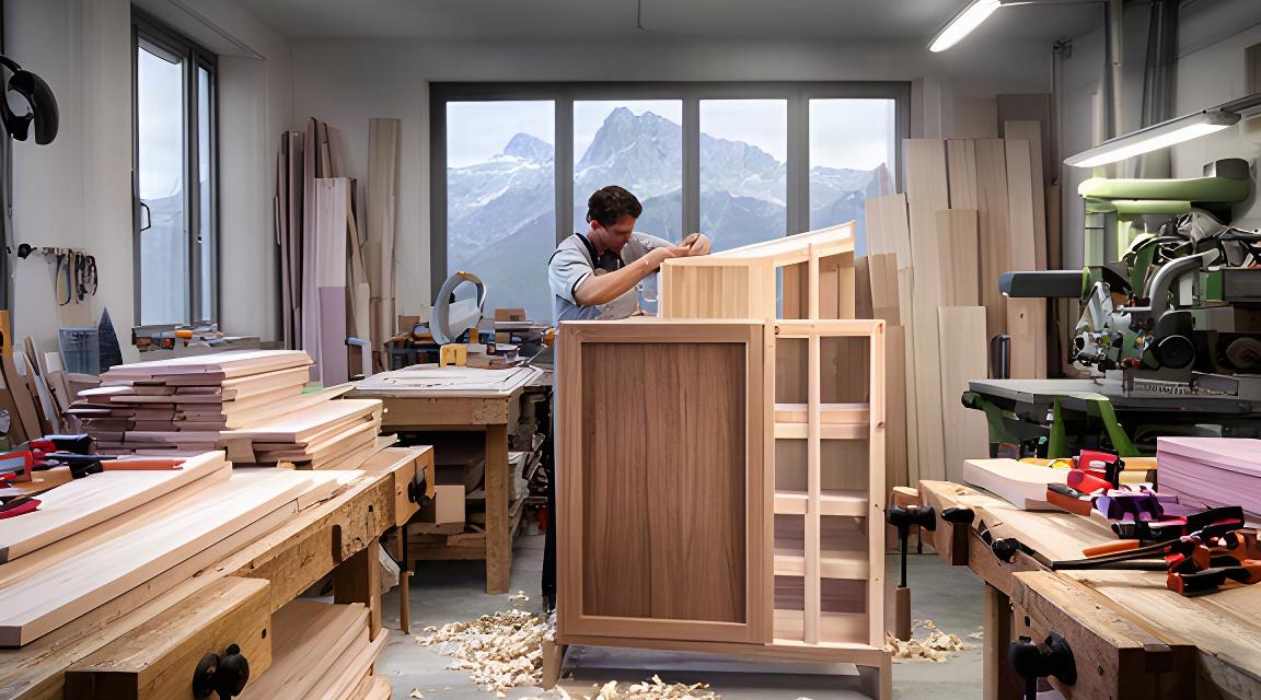Laboratorio di falegnameria nelle Dolomiti con banchi da lavoro, legno certificato e mobili in assemblaggio