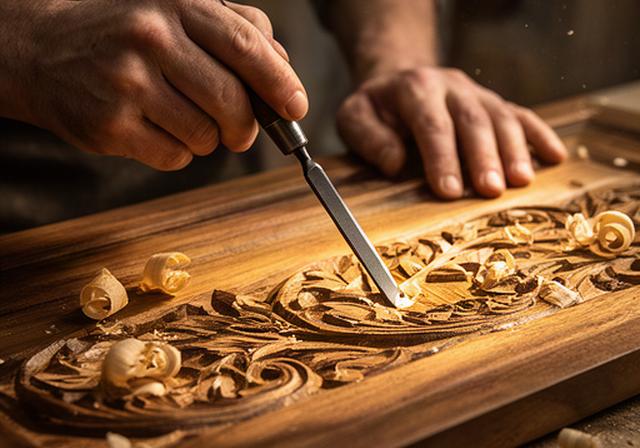 Dettaglio di un artigiano che esegue un intaglio decorativo su legno massello