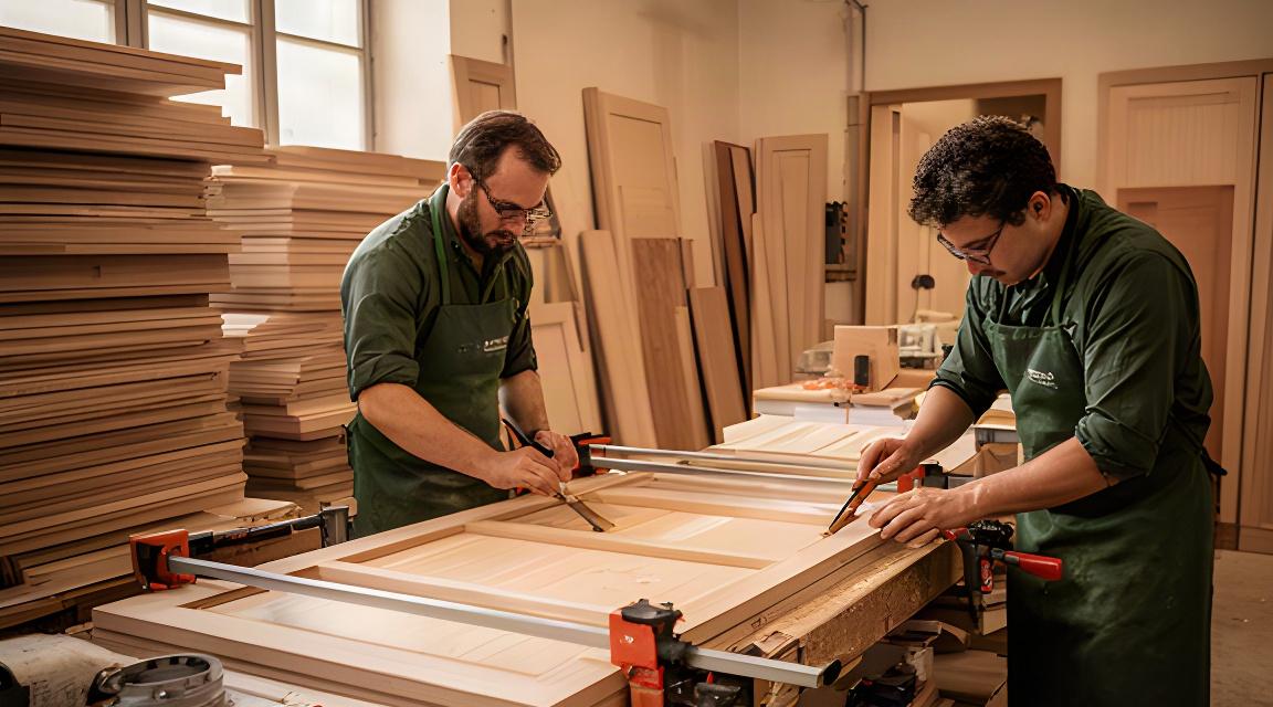 Falegname al lavoro nel laboratorio di Belluno su un piano in noce massello accanto a utensili e campioni di finitura