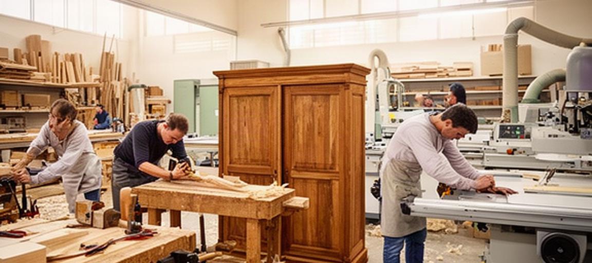 Artigiani di Valente Mobili al lavoro tra banchi da falegname e macchinari moderni nel laboratorio di Belluno