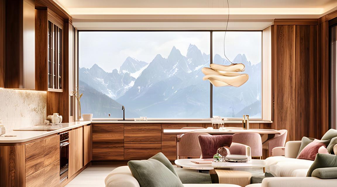 Soggiorno italiano su misura con cucina in legno, ampie vetrate e vista sulle Dolomiti