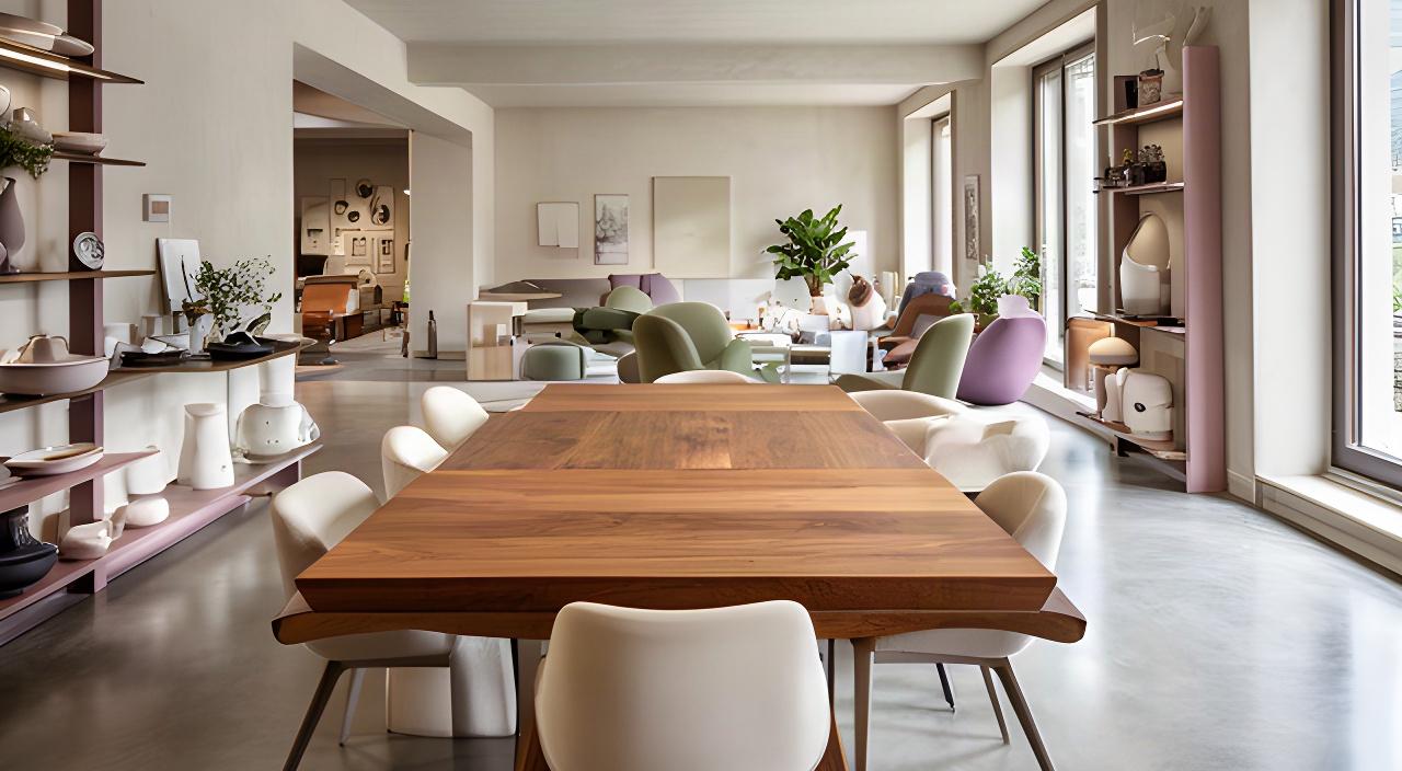 Showroom di arredamento italiano a Belluno con tavolo in legno, sedute contemporanee e luce naturale
