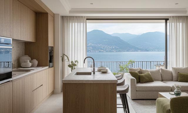 Living con cucina open space in un appartamento affacciato sul lago di Como